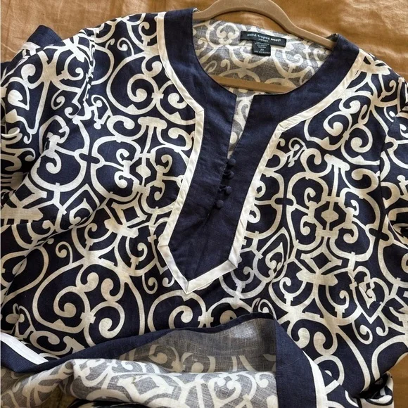 St Tropez West Linen Navy and White Patterned Women's popover top - Picture 8 of 11